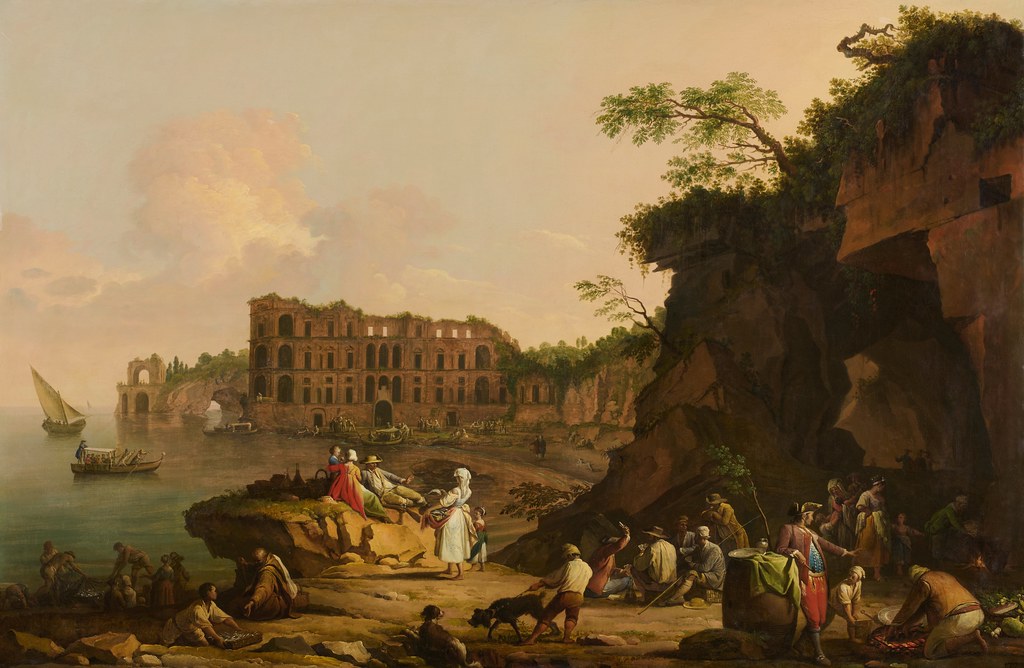 Pietro Fabris (1740-1792) - Naples, a view of Mergellina and the Palazzo Donn'Anna beyond, with fishermen drawing their catch, peasants grilling fish and other figures conversing – draw distance in games