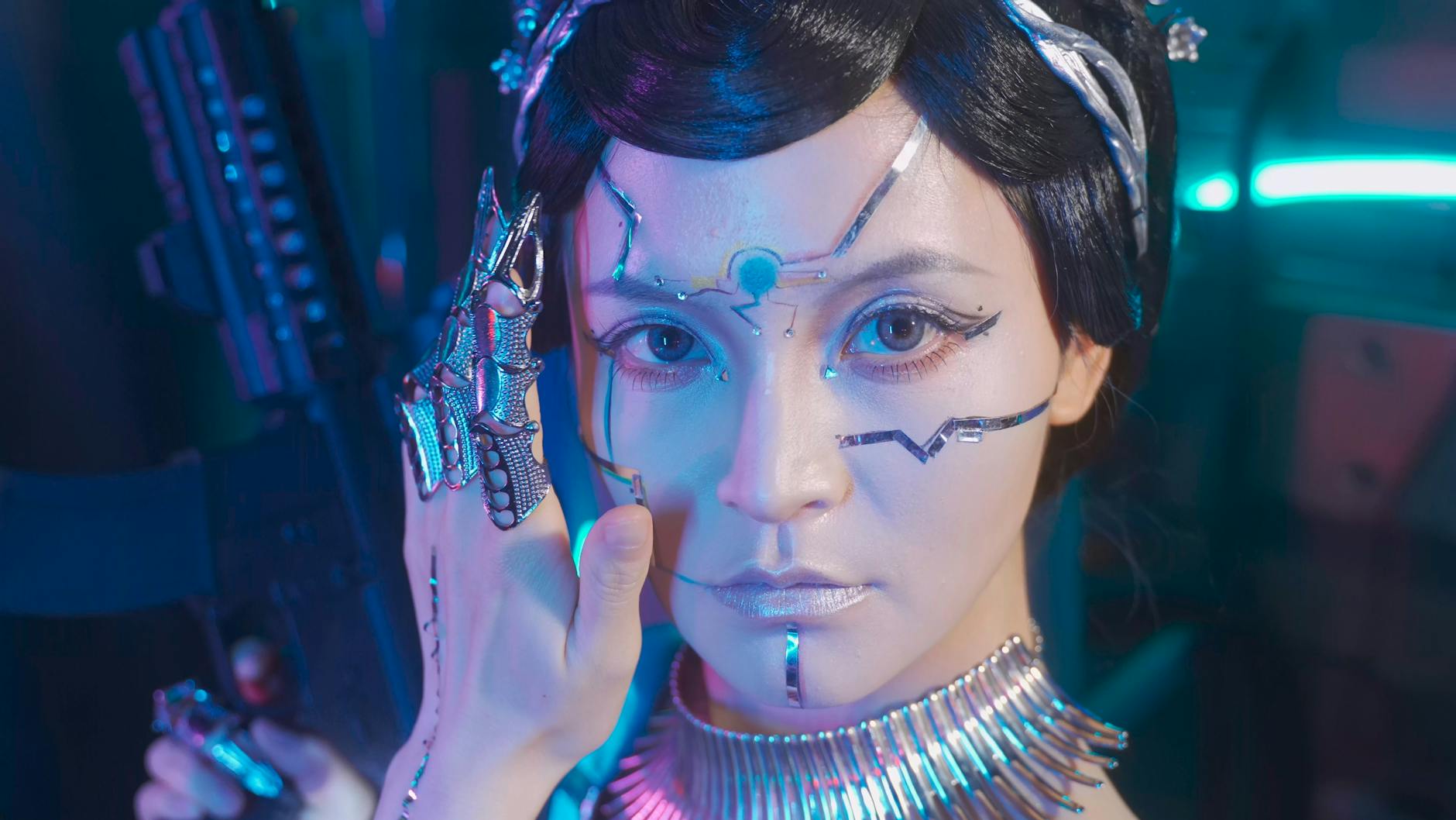 Close-up portrait of a futuristic cyberpunk woman with robotic enhancements in neon lighting. – Cyber Knights Flashpoint Review